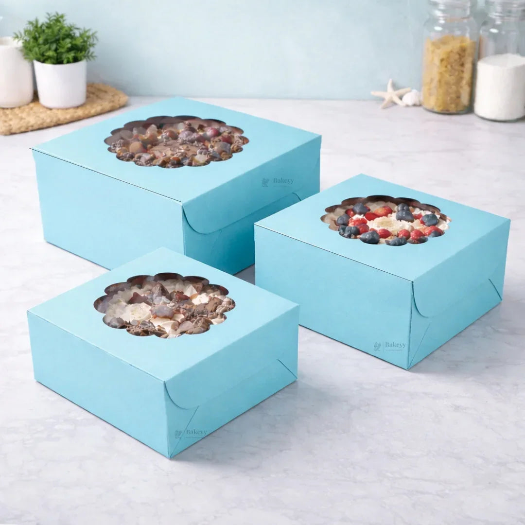 Bakeyy blue flower-window cake boxes