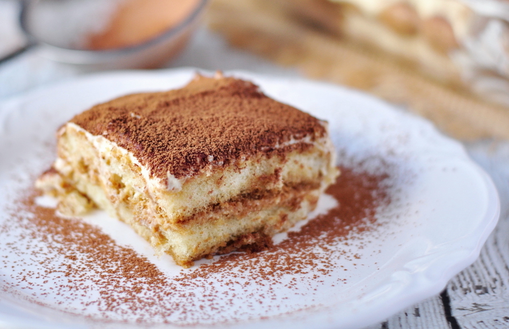 Classic tiramisu dusted with cocoa